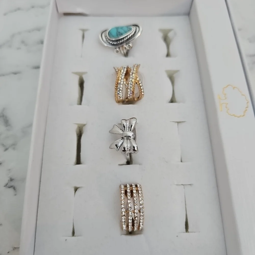 4 Pc Fashion Ring Set Gold Rinhestone Silver Bow Blue Southwestern Stone